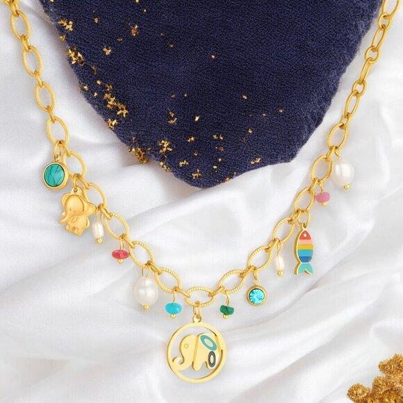 🆕18K Gold Plated Colorful Elephant Turquoise Fish Pearl Charm Necklace + Gift🎁 - Picture 14 of 15